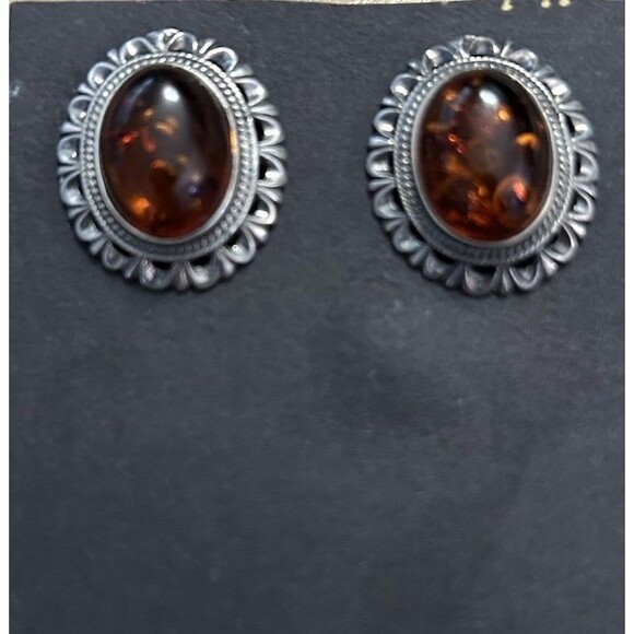 925 Solid Sterling Silver Poland Honey Baltic Amber Designer Pierced Oval Earrin - Picture 1 of 5